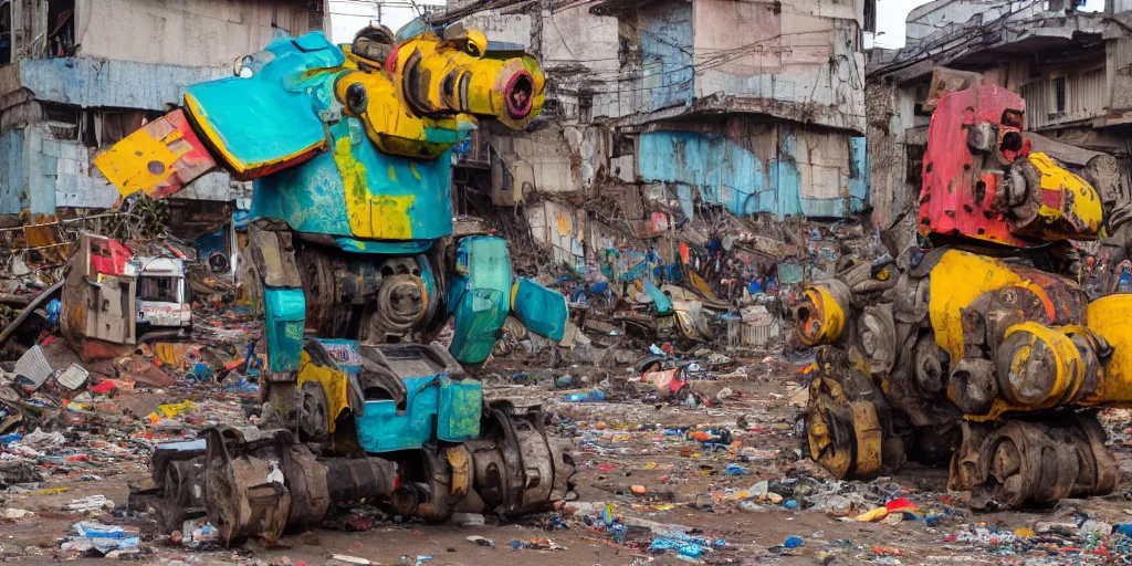 Image similar to destroyed colourful giant mecha ROBOT of AJEGUNLE SLUMS of Lagos, markings on robot, Golden Hour,