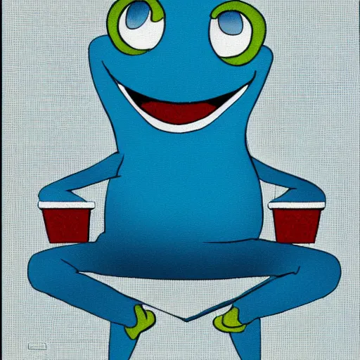 Image similar to professional portrait of a happy anthropomorphic blue frog wearing a suit crossing his arms sitting in an office chair, very intricate, very detailed,