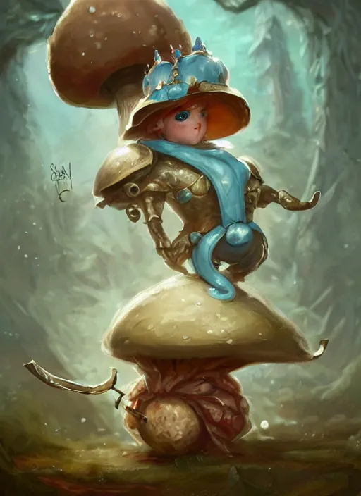 Prompt: cute anthropomorphic sentient mushroom elemental wearing a crown and holding a bow, tiny, short, pale blue armor, cute and adorable, pretty, beautiful, DnD character art portrait, matte fantasy painting, DeviantArt Artstation, by Jason Felix by Steve Argyle by Tyler Jacobson by Peter Mohrbacher, cinematic lighting