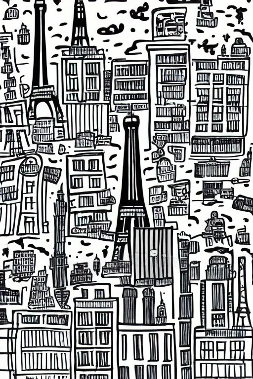 Prompt: skyline of paris, illustration, in the style of katinka reinke