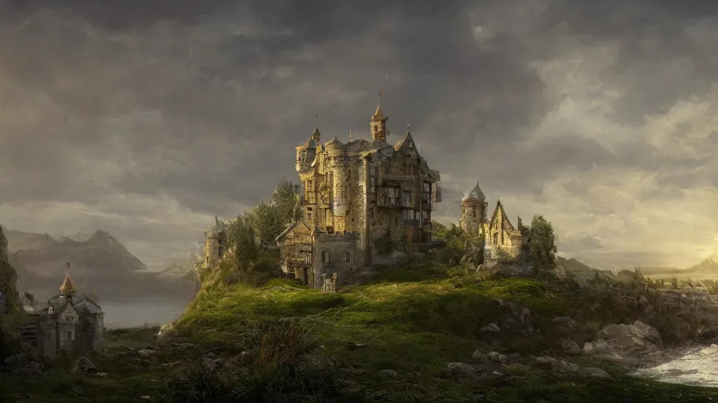 Image similar to newly built castle sitting by the seaside with rolling hills and a small village by eugene von guerard, ivan shishkin, dramatic lighting, concept art, trending on artstation, 8 k