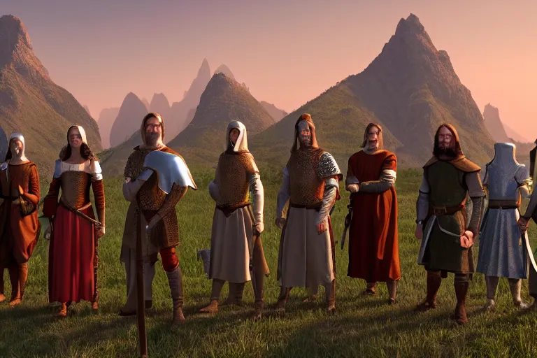 Image similar to A group of medieval high fantasy adventurers lined up for a portrait, Screenshot of Wes Anderson's New RPG Movie, Photo realistic, Regal, Formal, Symmetrical, Satisfying, Dynamic lighting, Highly Detailed, Cinematic Lighting, 8k, HD