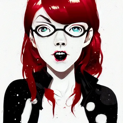 Image similar to Highly detailed portrait of pretty punk zombie young lady with, freckles and beautiful hair by Atey Ghailan, by Loish, by Bryan Lee O'Malley, by Cliff Chiang, inspired by image comics, inspired by graphic novel cover art, inspired by izombie, inspired by scott pilgrim !! Gradient red, black and white color scheme ((grafitti tag brick wall background)), trending on artstation