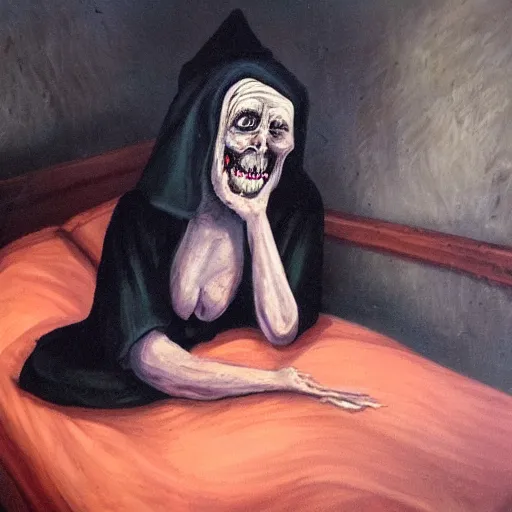 Image similar to creepy old cursed witch watching you sleep, eerie, haunted, oil painting