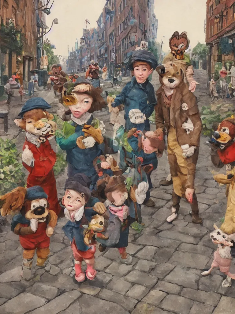 Image similar to three kids on the bottom center of the frame wearing vintage animal masks, standing in the middle of a cobble stone street in brooklyn, the lighting is godly and soft, whimsical, disney concept art style