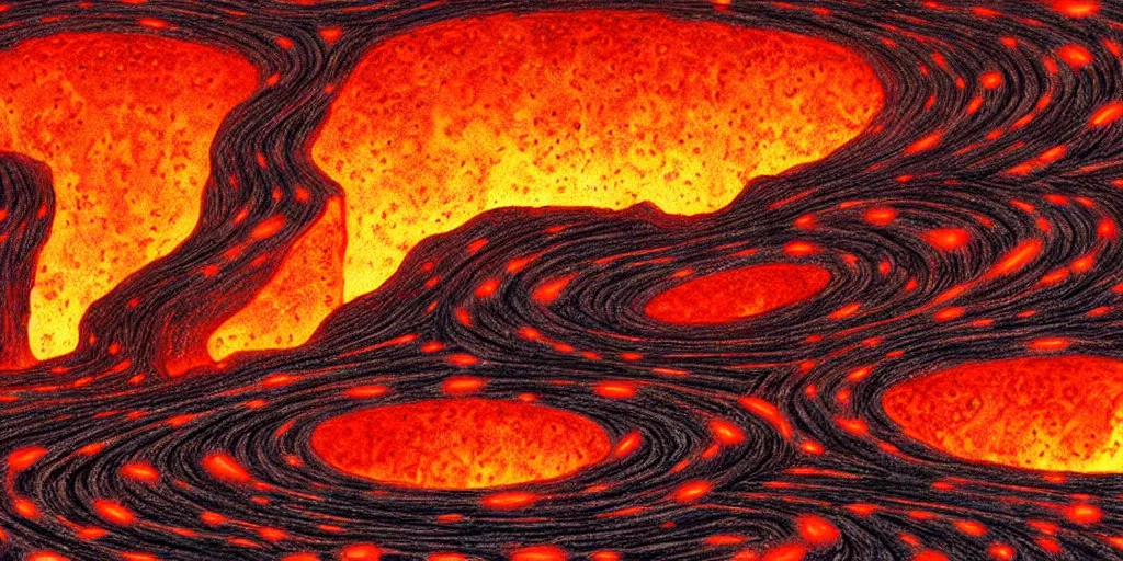 Image similar to deep twisting communal hive maze of magma and lava, award winning art, epic dreamlike fantasy landscape, art print, science fiction, ultra realistic,