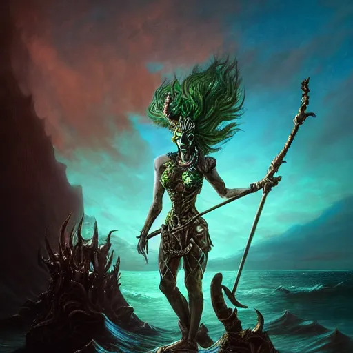 Image similar to a beautiful detailed 3d matte portrait of a male triton with green hair, wearing studded leather armor, wielding a staff with a glowing red crystal, male, dungeons and dragons character, standing beside the ocean, by ellen jewett, by tomasz alen kopera, by Justin Gerard, ominous, magical realism, texture, intricate, skull, skeleton, whirling smoke, alchemist bottles, radiant colors, fantasy, volumetric lighting, high details