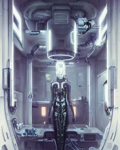 Prompt: neon surgery machine cyberpunk futuristic, in a white room, art by giger, greg rutkowski