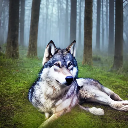 Prompt: realistic wolf fursuit, meditating in the forest, in the morning, fog, ambient light, photo