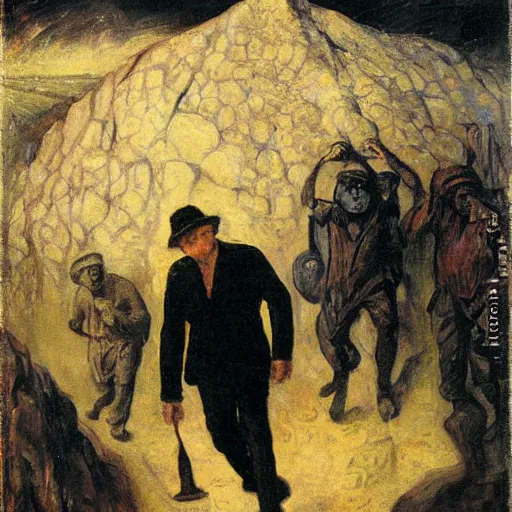 Prompt: Benjamin Netanyahu carrying sacks of money up an obsidian mountain in hell, dark sky, storm, by Franz Stuck
