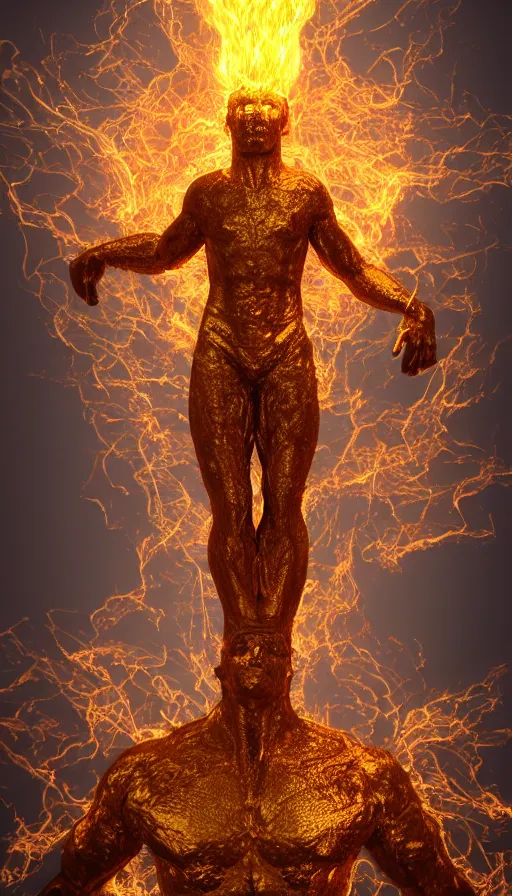 Image similar to a surreal painting of a god made of golden fire, octane renderer, unreal engine, 3 d hyper realistic, volumetric lighting