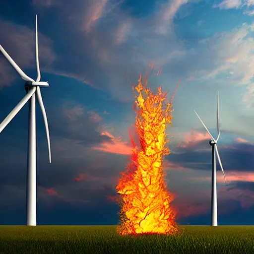 Image similar to A wind turbine on fire, realistic, photo, highly detailed, soft lighting