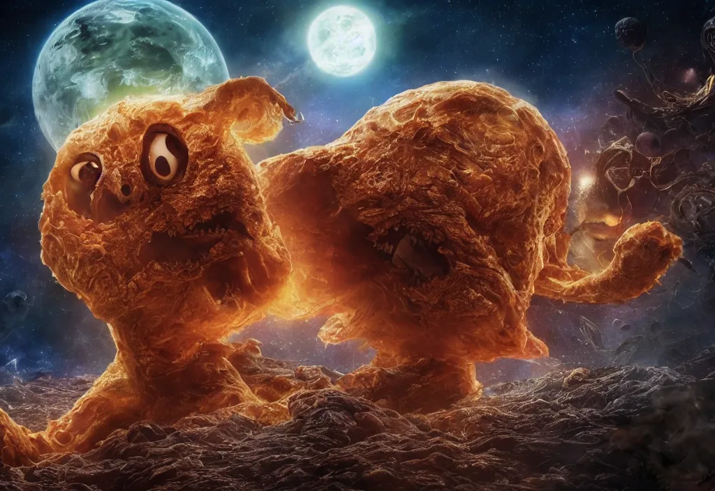 Image similar to eldritch horror bloody garfield in space, hd, 8 k, giant, epic, realistic photo, unreal engine, stars, prophecy, powerful, cinematic lighting, destroyed planet, debris, violent, sinister, ray tracing, dynamic, epic composition, dark, horrific, teeth, grotesque, monochrome drawing, hellscape, death, corpses, foreboding