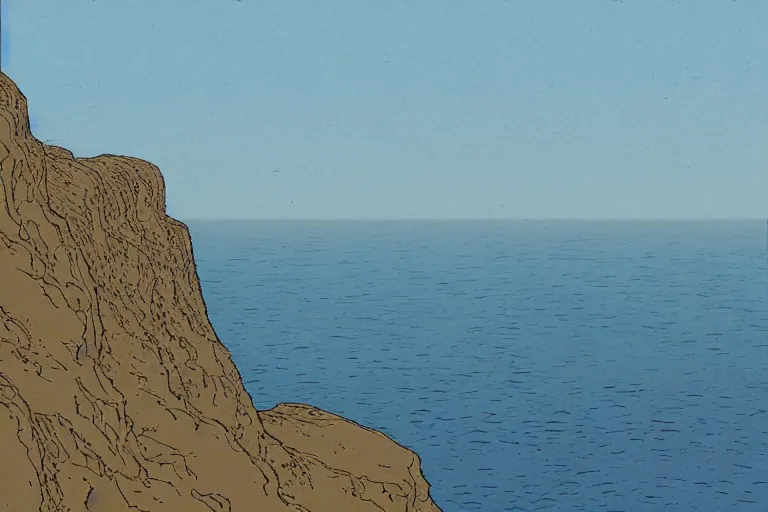 Prompt: seaside cliffs in the style of Moebius