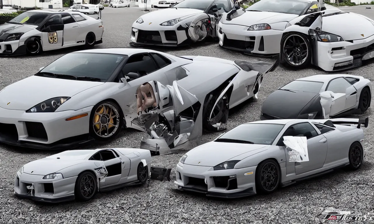 Prompt: a car made from lamborghini + r 3 4 + supra + benz + honda civic