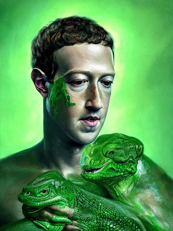 Image similar to portrait of a mark zuckerberg, skin peeling away to reveal bright green reptile!!! skin, art by ryo shiotani and greg rutkowski, intricate, beautiful, cinematic lighting, vintage art by serge ivanoff, high resolution, very detailed