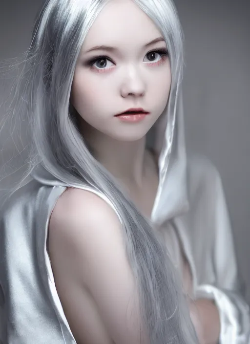 Prompt: thin young girl with silver hair, pale and wan!, wearing robes, petite goddess, flowing hair, pale skin, young cute face, covered!!, clothed!, 4 k resolution, aesthetic!,