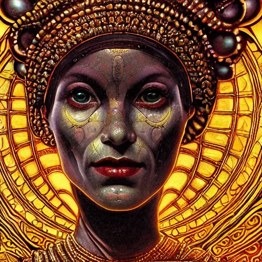 Prompt: baroque neoclassicist close - up renaissance portrait of a primitive art deco android priestess, glowing eyes. reflective detailed textures, highly detailed fantasy science fiction painting by moebius, norman rockwell and saturno butto and jean delville, elaborate geometric ornament, rich colors. artstation