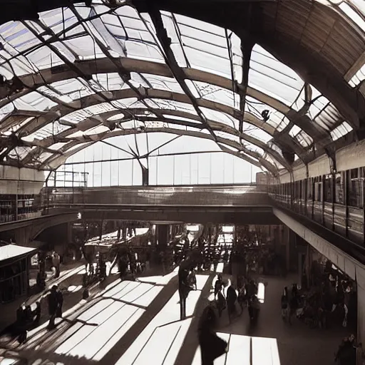 Image similar to an cavernous and expansive train terminal, sun rays coming in through windows, smoky and dusty air, people in a train station, photograph by hal morey, featured on cg society, light and space, volumetric lighting, matte drawing, global illumination
