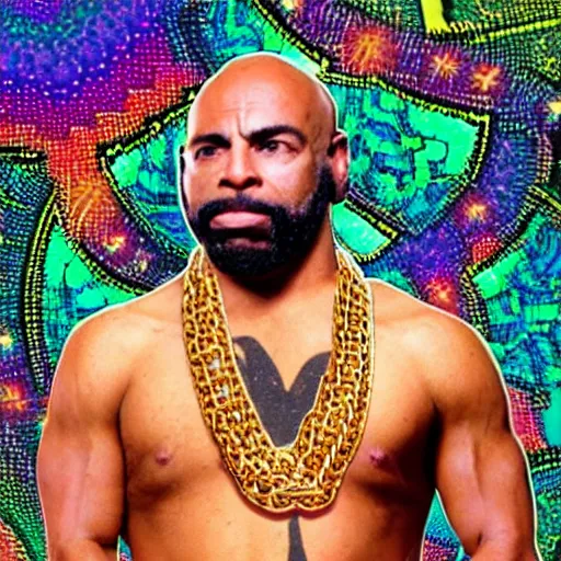 Image similar to a photograph of joe rogan as mr. t wearing many gold chains with a psychedelic dmt background