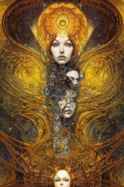 Prompt: Divine Machinery of Fate by Karol Bak, Jean Deville, Gustav Klimt, and Vincent Van Gogh, enigma, destiny, unearthly gears, otherworldly, fractal structures, arcane, prophecy, ornate gilded medieval icon, third eye, spirals