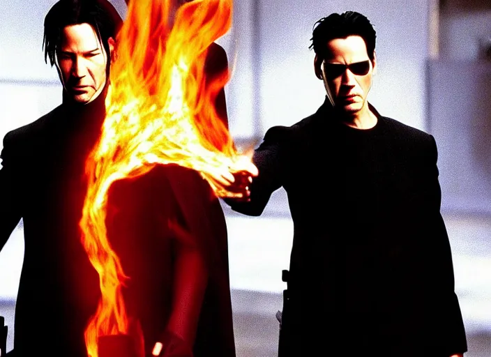 Image similar to A photo of Keanu Reeves as Neo in The Matrix movie doing a thumb up to the camera in front on burning servers, servers in flames in the background, doing a thumb up, The Matrix servers on fire, uncropped, full body, crispy, symmetrical face, ultra detailed, cinematic