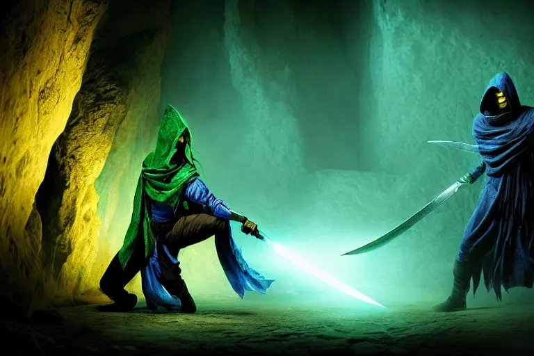 Image similar to vfx film, soul reaver, raziel irl, price of persia movie, missing jaw, hero pose, devouring magic souls, scarf, hood, glowing green soul blade, in epic ancient sacred huge cave temple, flat color profile low - key lighting award winning photography arri alexa cinematography, hyper real photorealistic cinematic beautiful, atmospheric cool colorgrade