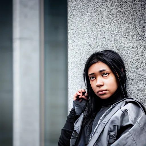 Image similar to candid photographic portrait of a poor techwear mixed young woman outside a brutalist future corporate office, closeup, sigma 85mm f/1.4, 4k, depth of field, high resolution, 4k, 8k, hd, full color