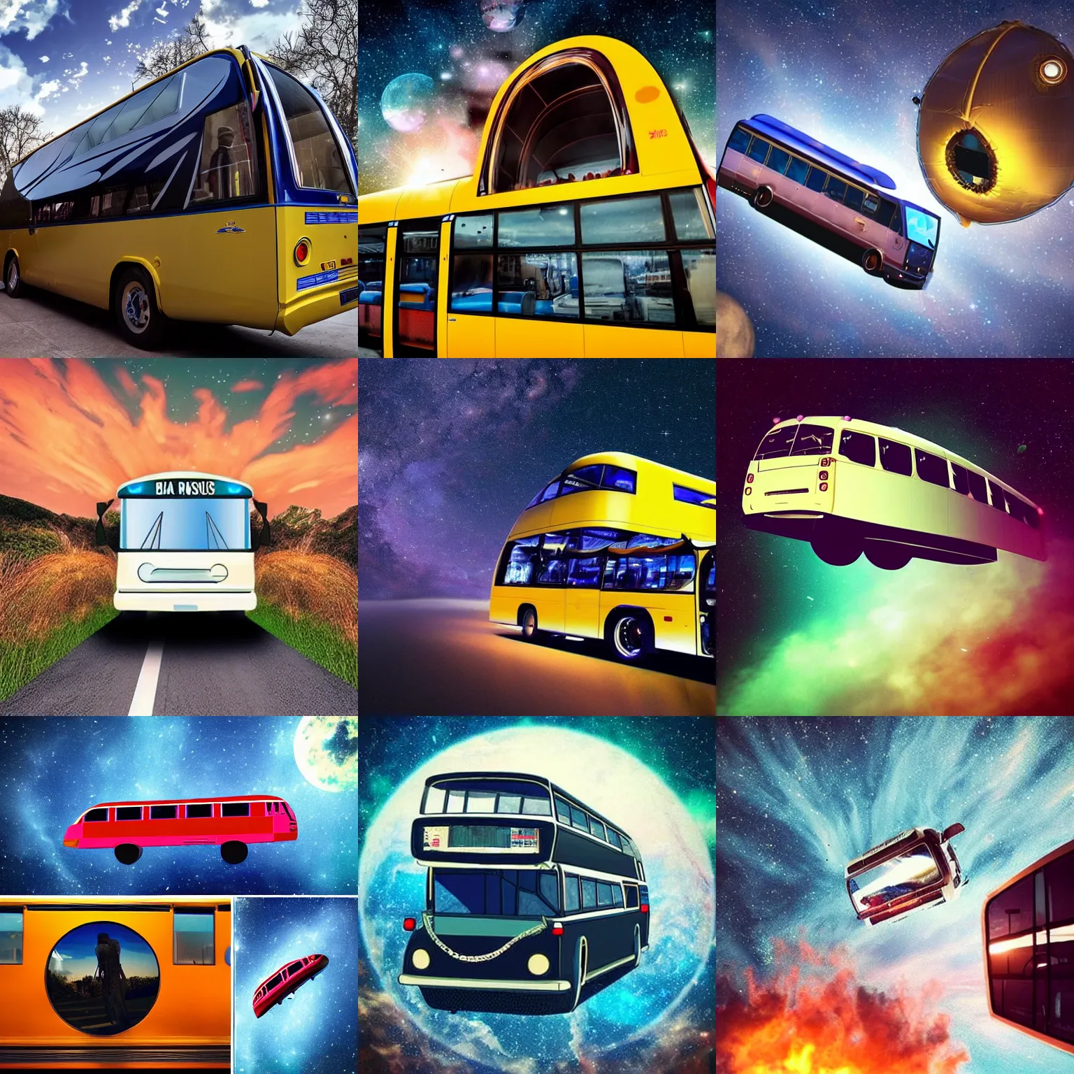 Prompt: a bus turned into a spaceship 🚀, flying in space
