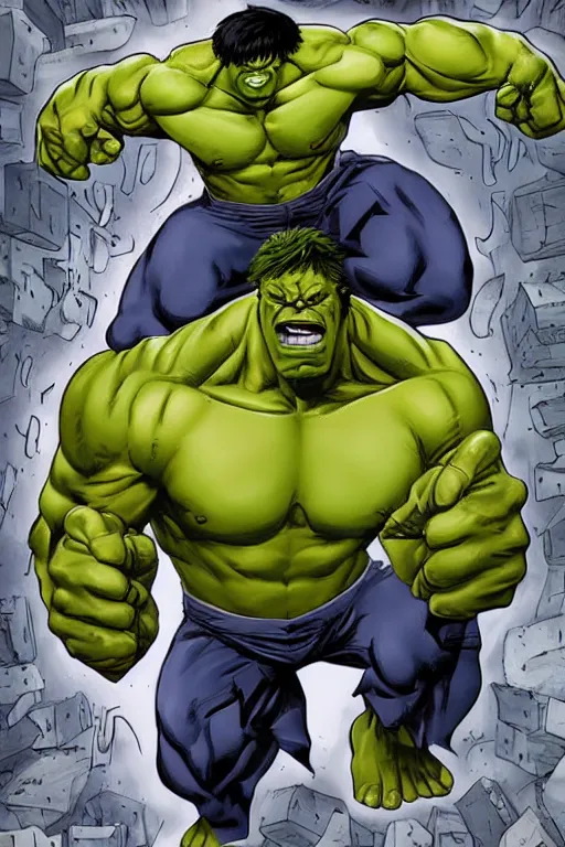 Prompt: hulk with a small anchovy head