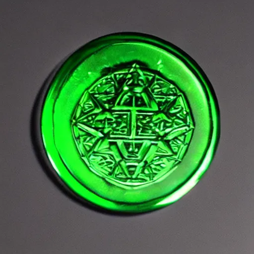 Image similar to green translucent coin in shape of labyrinth