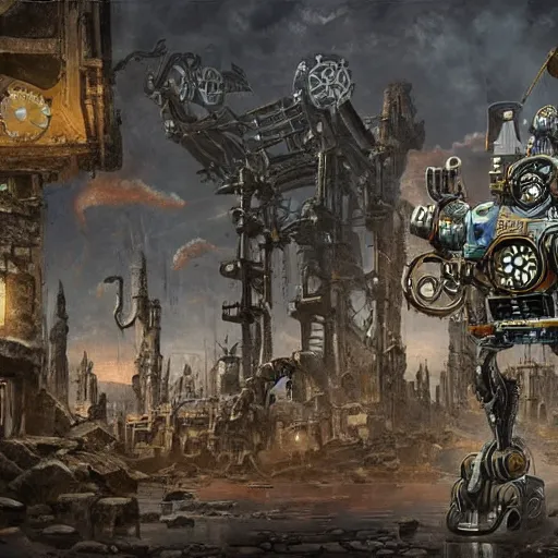 Image similar to The Manekin, a robotic race of clockwork constructs, D&D artwork, highly detailed, background of a ruined city in the style of medieval, HD, 4k,