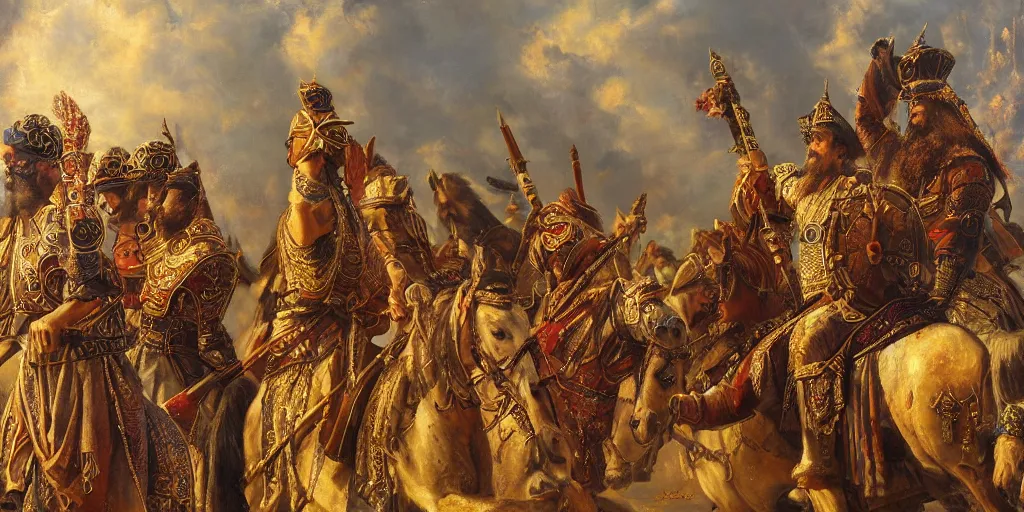Prompt: Highly detailed and cinematic romantic period oil painting of the Persian king Cyrus the great, strong atmosphere, oil painting masterpiece by Josep Tapiró Baró, symmetry, fractals