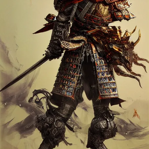 Image similar to a full body samurai with dragon armor by karol bak, ayami kojima, amano, concept art, character design, fantasy, 3 d, 8 k resolution