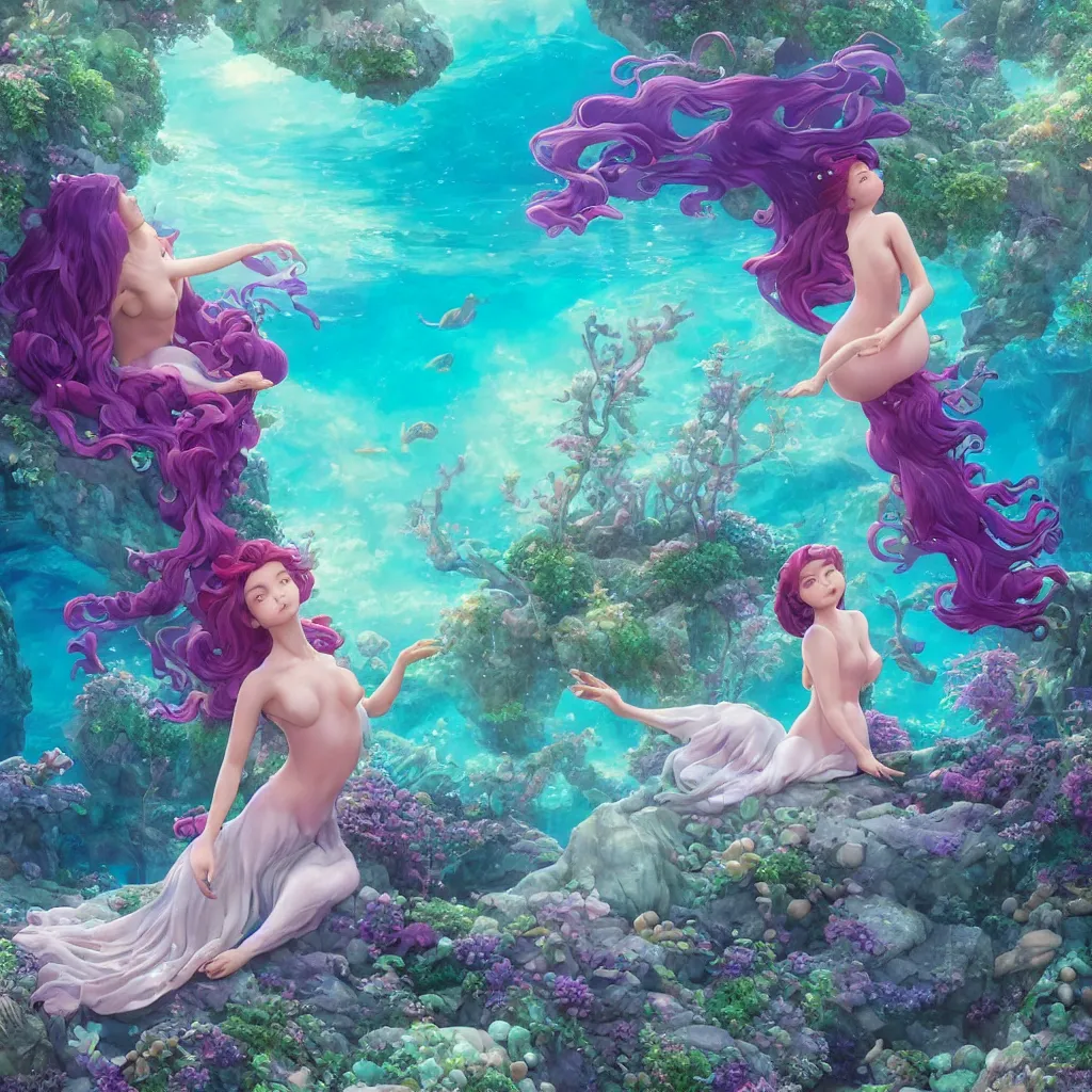 Image similar to a little mermaid in a purple dress singing in the colorful ocean, correct human body and perspective, pearls and shells, fantasy art by ferdinand knab, makoto shinkai and ilya kuvshinov, rossdraws, tom bagshaw, trending onstudio ghibli, radiant light, highly detailed, octane render, 8 k