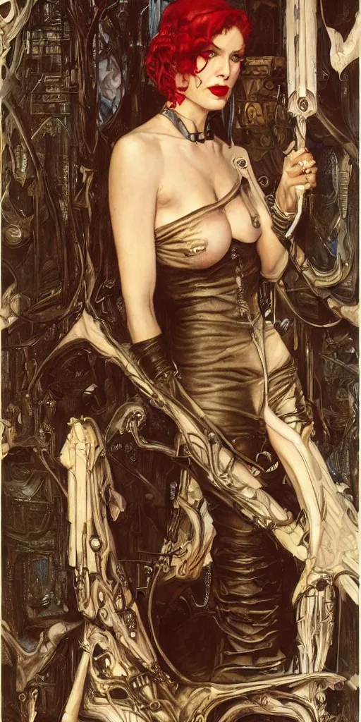 Image similar to portrait of an urban female vampire, with an unusual sense of fashion, by donato giancola and norman rockwell.