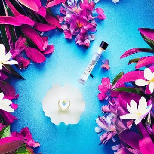 Image similar to centered bright perfume bottle standing in clear blue rippling water surrounded by a plethora of white flowers and tropical leaves and fauna upfront, with dreamy bright blue sky and clouds in the background, illumination lighting, sharp focus, surreal photography, vogue, hartper's bazaar, sephora,