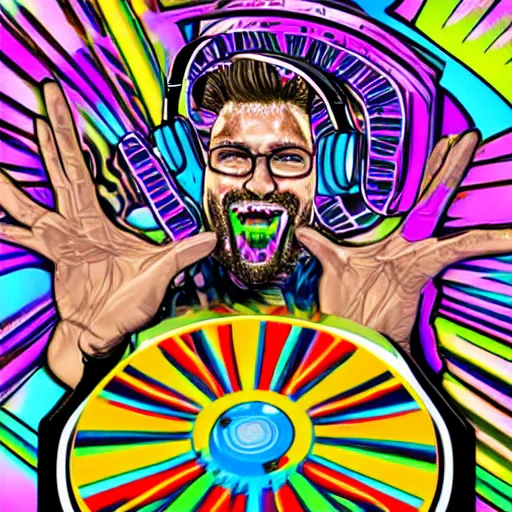 Image similar to svg sticker of a Dancing-Alex-Grey-Psychedelic-Rave-Man, at a rave, spinning records, giant headphones rocking out, wearing headphones, huge speakers, dancing, rave, DJ, spinning records, digital art, amazing composition, rule-of-thirds, award-winning, trending on artstation, featured on deviantart