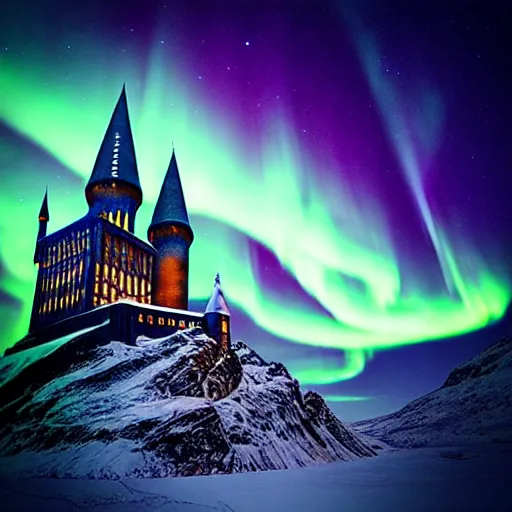 Image similar to “Hogwarts School of Witchcraft and Wizardry with the norther lights in the background. 4k, 8k, unreal 5, very detailed, hyper control-realism,.”