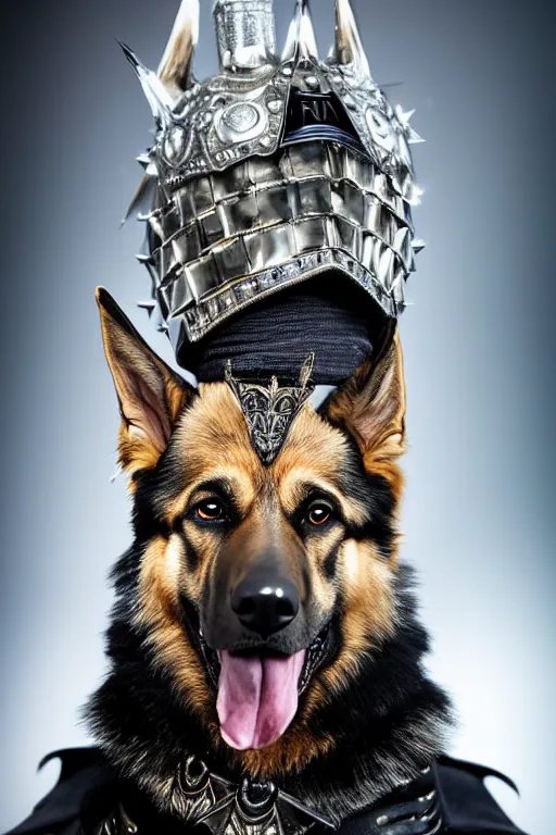 Image similar to donald trump knight wearing a real german shepherd on his head, armor designed by wayne barlowe, swarovski and tiffany, blonde hair, symmetry, sci - fi, cinematic, elegant, luxury, perfect light, perfect composition, dlsr photography, sharp focus, dark fantasy, 8 k, ultra hd, sense of awe, highly detailed, realistic, intricate