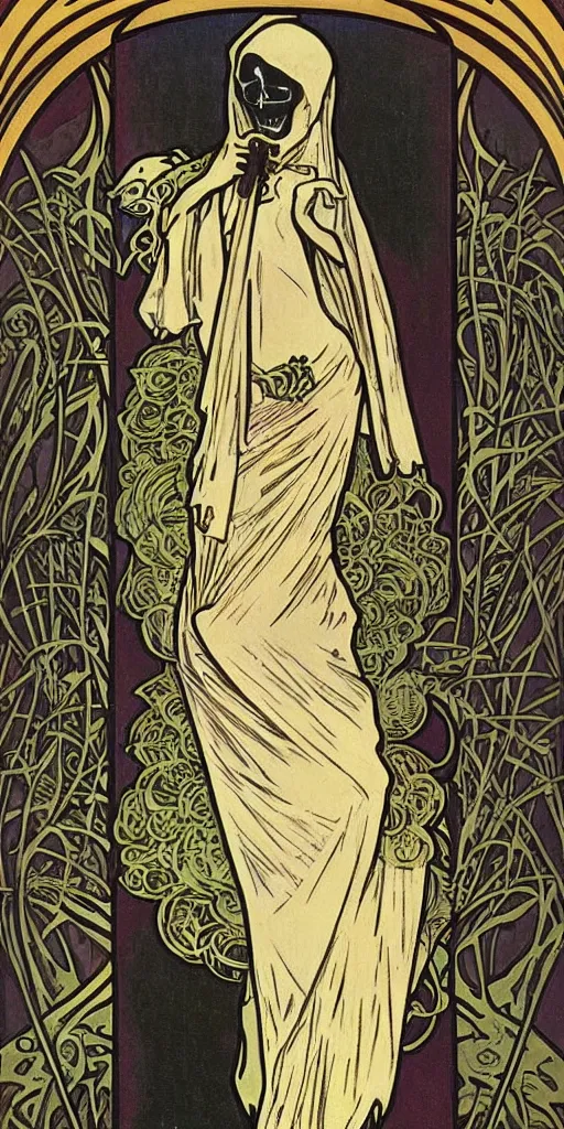 Image similar to an art deco illustration of the grim reaper on a tarot card with an elegant border by alphonse mucha