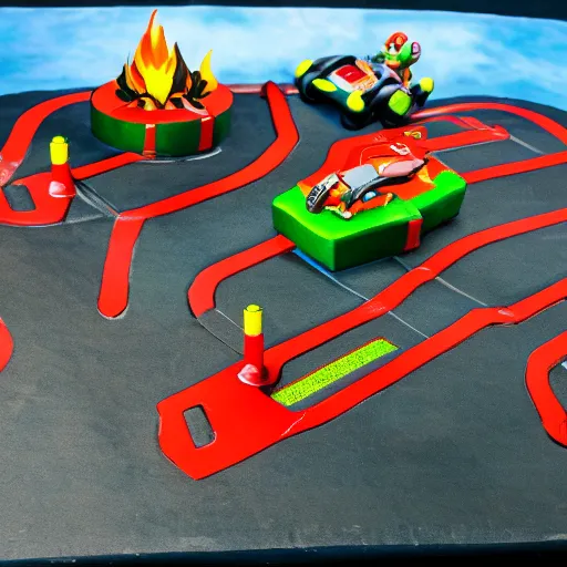 Prompt: diorama of a lava-themed mario kart track, studio lighting, high quality photo