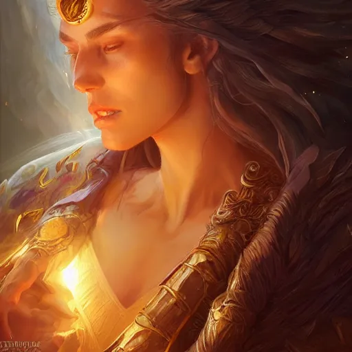 Image similar to solar goddess, d & d, fantasy, portrait, highly detailed, digital painting, trending on artstation, concept art, sharp focus, illustration, art by artgerm and greg rutkowski and magali villeneuve