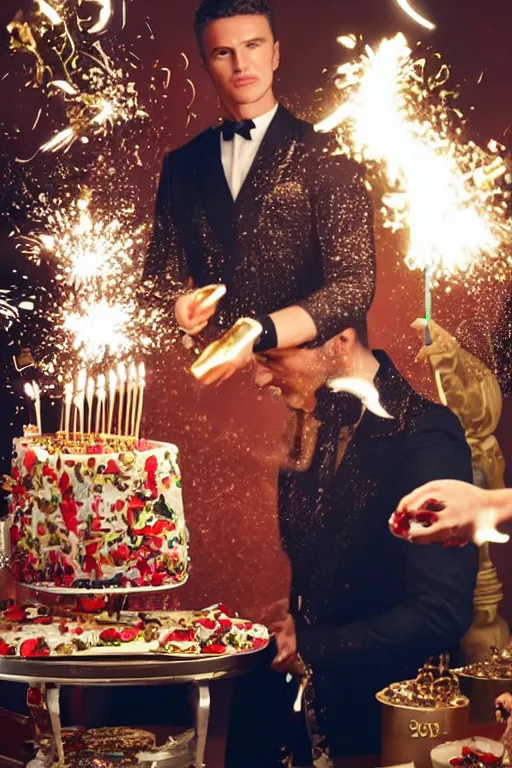 Image similar to dolce & gabbana campaign featuring artist ben schumacher blowing out all the candles on the birthday cake, sparklers, realistic vfx simulation