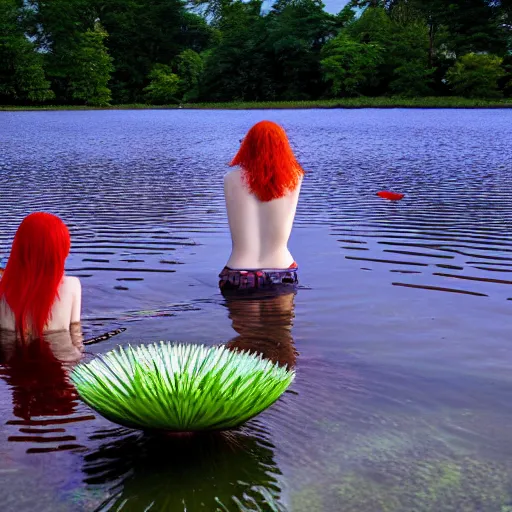 Image similar to A red-haired girl bathes in a lake where water lilies are floating, High definition, detailed,