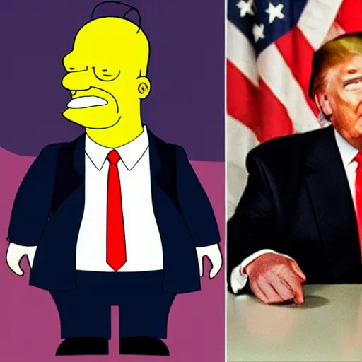 Image similar to Donald Trump in Homer Simpson’s body, hyper realistic photography, 8k,