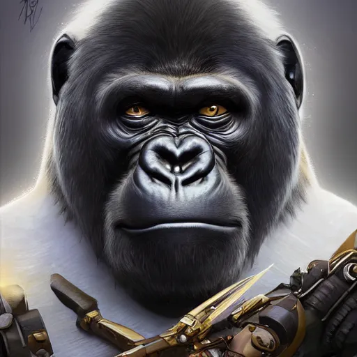 Image similar to high fantasy science-fiction character portrait of Winston the gorilla character from Overwatch, intricate, wild, highly detailed, digital painting, artstation, upper body, concept art, smooth, sharp focus, illustration, art by artgerm and greg rutkowski and alphonse mucha