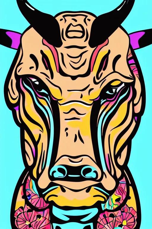 Image similar to A portrait of a bull on a motorcycle, sticker, highly detailed, colorful, illustration, smooth and clean vector curves, no jagged lines, vector art, smooth