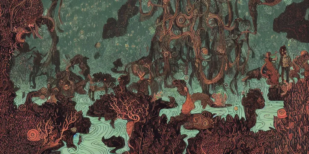 Prompt: detailed illustration of a group of monsters in the wilderness by victo ngai