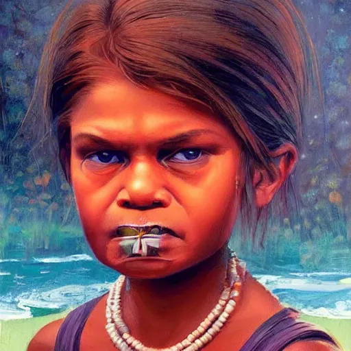 Prompt: evil pauline hanson disrespecting an aboriginal child, highly detailed painting extremely symbolic, aesthetic and detailed, with familiar sprites, chiaroscuro, intricate, masterpiece, fantasy illustrations by ilya kuvshinov and jeremy lipking and quentin mabille